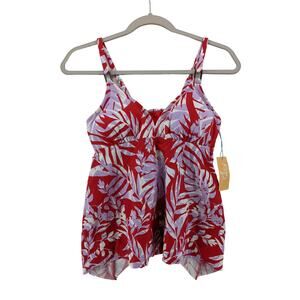 Kona Sol Tankini S Red Purple Palm Plant Tropical Swimsuit Top Deep VNeck Modest
